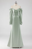 Sage Green Off the Shoulder A Line Long Bridesmaid Dress with Puff Sleeves