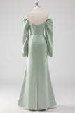 Sage Green Off the Shoulder A Line Long Bridesmaid Dress with Puff Sleeves