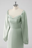 Sage Green Off the Shoulder A Line Long Bridesmaid Dress with Puff Sleeves