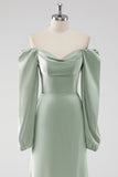 Sage Green Off the Shoulder A Line Long Bridesmaid Dress with Puff Sleeves