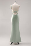 Sage Green Satin Scoop Mermaid Bridesmaid Dress with Criss Cross Back