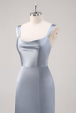 Simple Sheath Grey Blue Satin Bridesmaid Dress with Slit