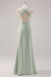 Sage Green Satin Deep V-Neck Backless Long Bridesmaid Dress