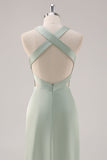 Sage Green Satin Deep V-Neck Backless Long Bridesmaid Dress