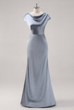 Grey Blue Satin Cowl Collar Bridesmaid Dress with Cape Sleeves