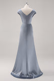 Grey Blue Satin Cowl Collar Bridesmaid Dress with Cape Sleeves