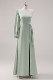 Sage Green A Line One Shoulder Bridesmaid Dress with Slit