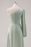 Sage Green A Line One Shoulder Bridesmaid Dress with Slit