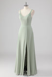 Chiffon V-Neck Sage Green A Line Bridesmaid Dress with Slit