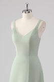 Chiffon V-Neck Sage Green A Line Bridesmaid Dress with Slit