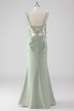 Sage Green Ruffled Sheath Lace-Up Back Long Bridesmaid Dress with Slit