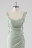 Sage Green Ruffled Sheath Lace-Up Back Long Bridesmaid Dress with Slit