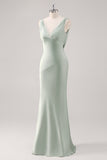 Sage Green V Neck Backless Satin Sheath Bridesmaid Dress