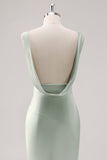 Sage Green V Neck Backless Satin Sheath Bridesmaid Dress