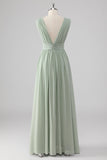 Pleated Chiffon V Neck Long Sage Green Bridesmaid Dress with Slit