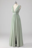 Pleated Chiffon V Neck Long Sage Green Bridesmaid Dress with Slit