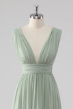 Pleated Chiffon V Neck Long Sage Green Bridesmaid Dress with Slit