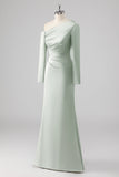 One Shoulder Satin Sage Sheath Bridesmaid Dress with Long Sleeves