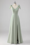 V Neck A Line Bow Tie Sage Green Bridesmaid Dress with Slit