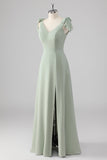 V Neck A Line Bow Tie Sage Green Bridesmaid Dress with Slit