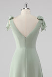 V Neck A Line Bow Tie Sage Green Bridesmaid Dress with Slit