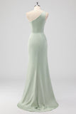 Sage Green One Shoulder Sheath Satin Long Bridesmaid Dress