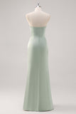 Simple Mermaid Satin Strapless Sage Green Bridesmaid Dress with Slit