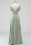 Sage Green A-Line Flutter Sleeves Long Chiffon Choir Dress with Slit