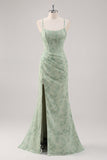 Floral Green Corset Mermaid Lace-Up Back Bridesmaid Dress with Slit