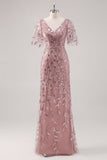 Dusty Rose V Neck Sheath Sequin Mother of the Bride Dress with Short Sleeves