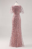 Dusty Rose V Neck Sheath Sequin Mother of the Bride Dress with Short Sleeves