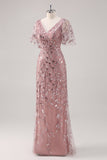 Dusty Rose V Neck Sheath Sequin Mother of the Bride Dress with Short Sleeves