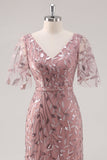 Dusty Rose V Neck Sheath Sequin Mother of the Bride Dress with Short Sleeves