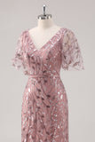 Dusty Rose V Neck Sheath Sequin Mother of the Bride Dress with Short Sleeves