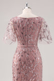 Dusty Rose V Neck Sheath Sequin Mother of the Bride Dress with Short Sleeves