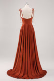 Rust Pleated A Line Spaghetti Straps Bridesmaid Dress with Slit