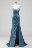 Dusty Blue Spaghetti Straps Mermaid Satin Long Bridesmaid Dress with Slit