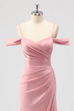 Blush Sheath Cold Shoulder Satin Long Bridesmaid Dress