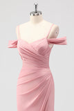 Blush Sheath Cold Shoulder Satin Long Bridesmaid Dress