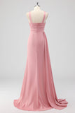 Blush Sheath Spaghetti Straps Satin Ruched Long Bridesmaid Dress