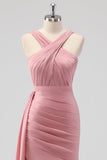 Blush Sheath Spaghetti Straps Satin Ruched Long Bridesmaid Dress