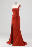 Rust Mermaid One Shoulder Satin Long Bridesmaid Dress with Slit