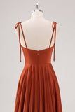 Rust Pleated A Line Spaghetti Straps Bridesmaid Dress with Slit