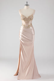 Sparkly Champagne Corset Mermaid Sequins Long Formal Dress with Slit