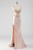 Sparkly Champagne Corset Appliques Formal Dress with Slit