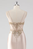 Sparkly Champagne Corset Appliques Prom Dress with Slit