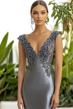 Sheath Dark Grey Off the Shoulder Metallic Satin Fommal Dress