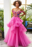 Fuchsia A Line Off the Shoulder Tulle Formal Dress