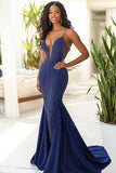 Navy Spaghetti Straps Mermaid Sequins Formal Dress