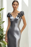 Dark Grey 3D Flower Metallic Satin Sheath V Neck Formal Dress